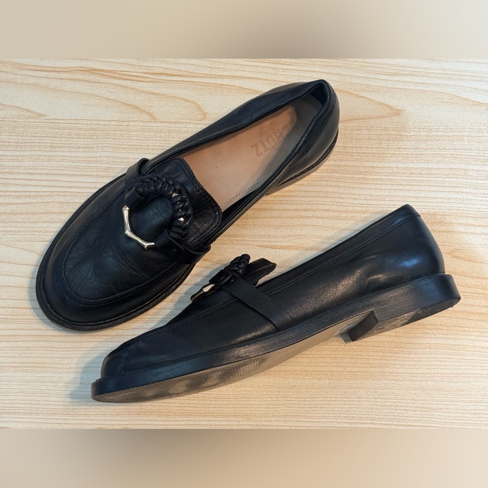 SCHUTZ Black Leather Loafers with Gold Ring Accent - Picture 2 of 9